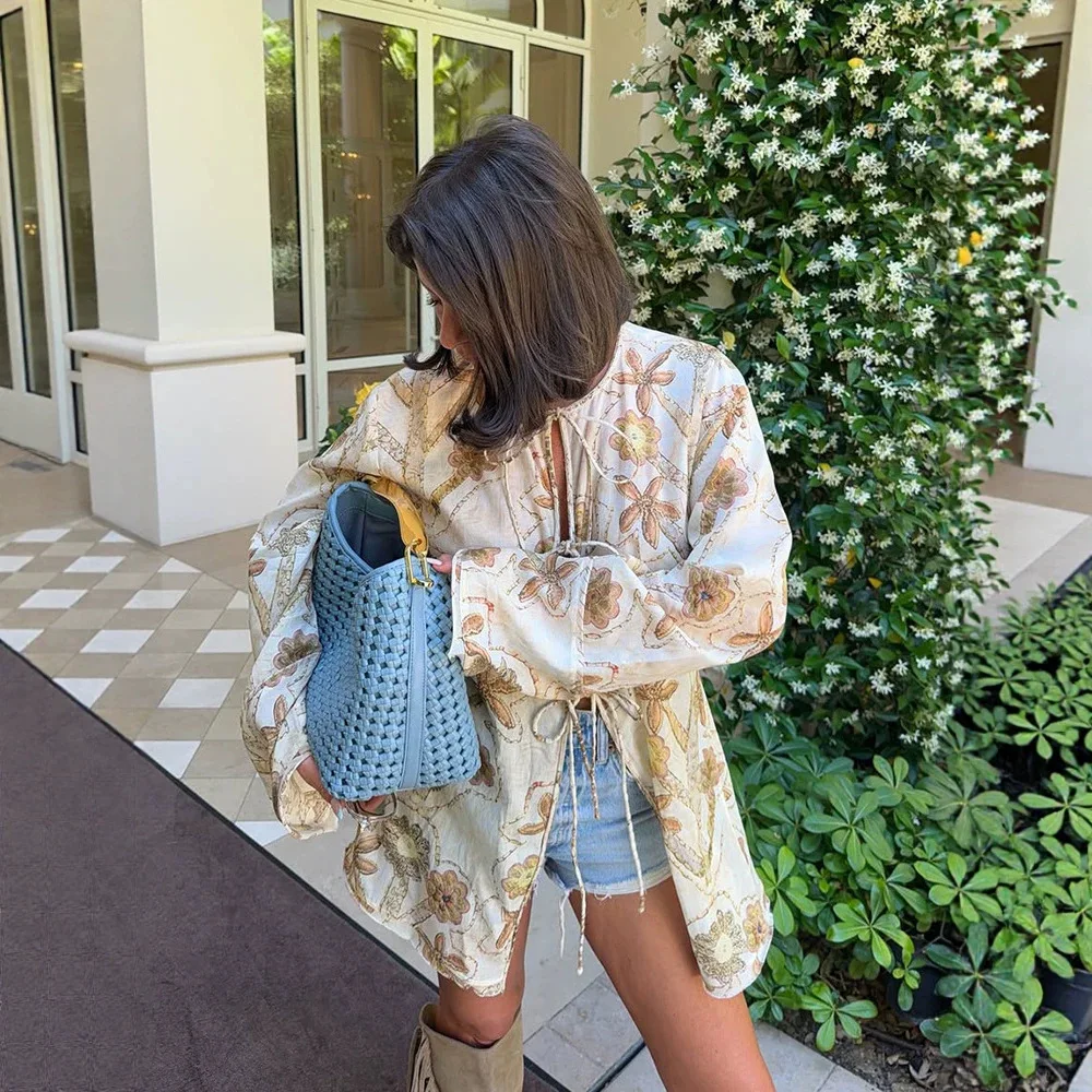 Floral Print Sheer Blouse Tie Front Crew Neck Long Flare Sleeve Loose Oversized Beach Women Casual Vacation Shirt 260702