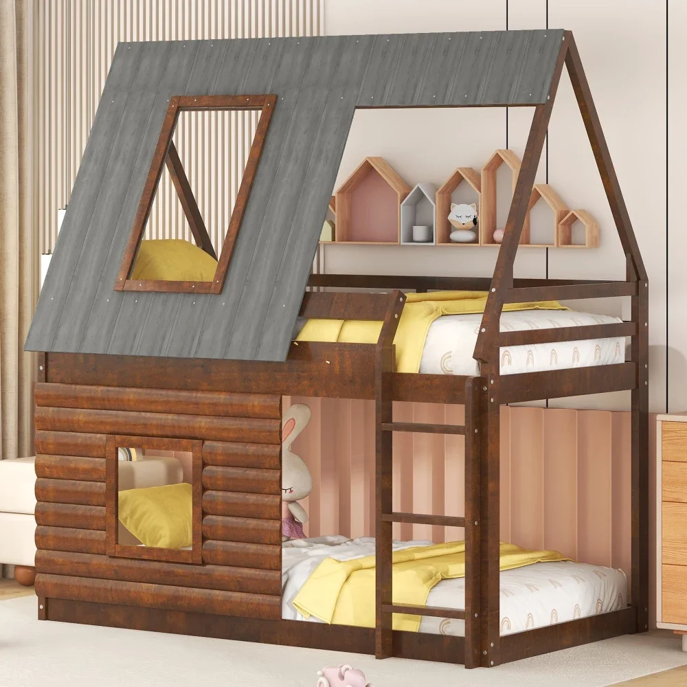 Children Beds Wood Twin Size House Bunk Bed with Roof, Ladder and 2 Windows, Oak & Smoky Grey  Kids Beds for Boys Kids Furniture