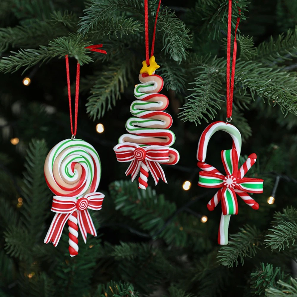 

Christmas Candy Lollipop Ornaments Xmas Tree Candy Cane Hanging Polymer Clay Pendants for New Year Merry Christmas Decoration