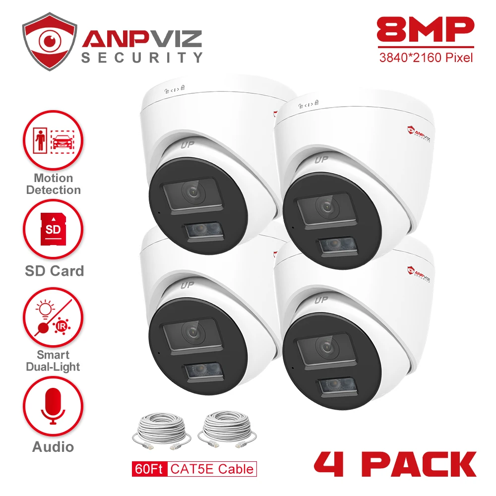 

Anpviz 8MP POE IP Turret Camera Outdoor 4Pcs 24/7 ColorVU 30m CCTV Video Surveillance IP67 SD Card H.265 Audio Motion Detection