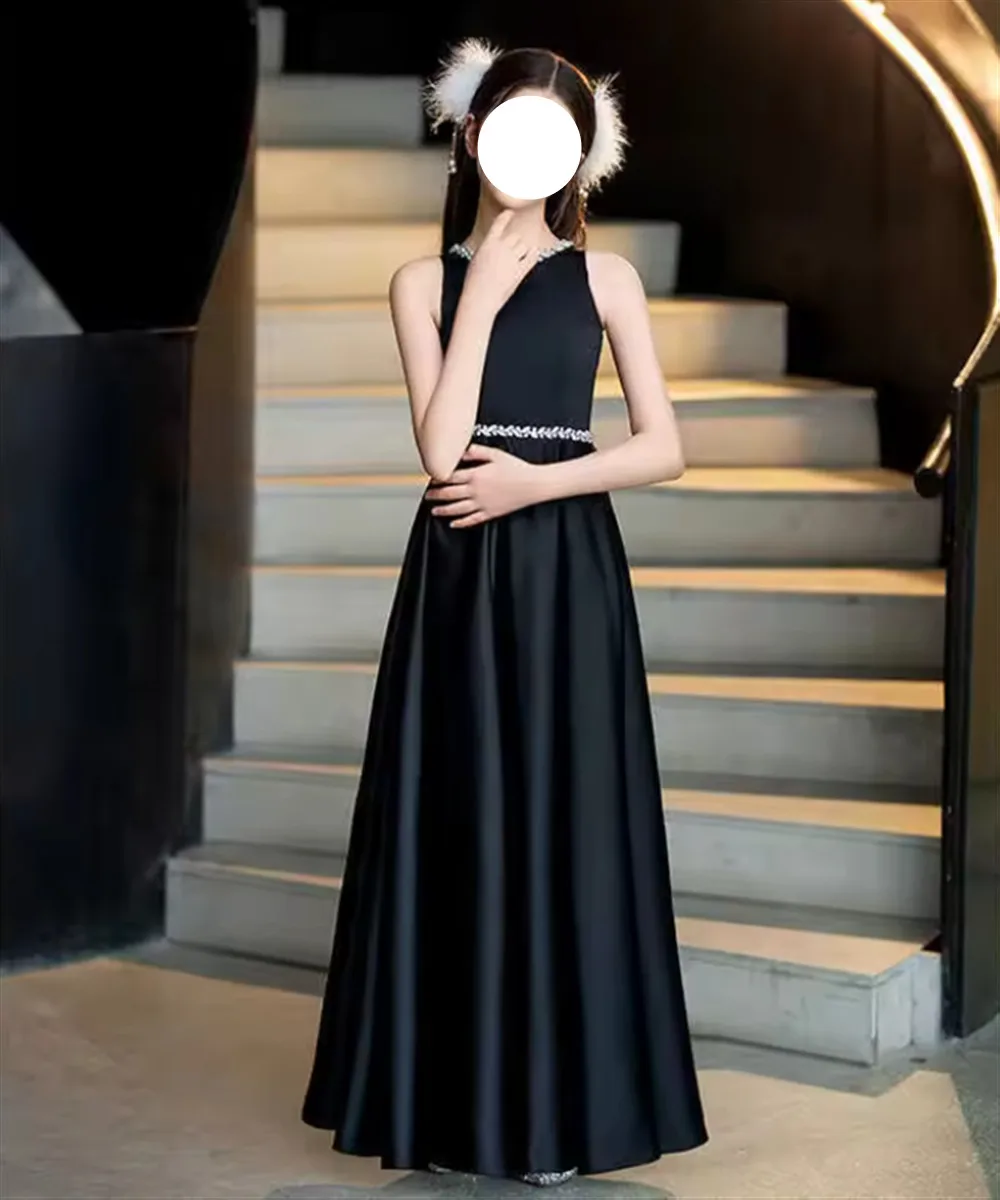 Simple Flower Girl Wedding Dress Black Satin Beading Sleeveless Dress Girls Birthday Party Evening Dress Host Performance Gown