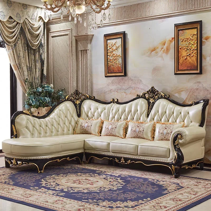 y8- European leather corner sofa combination living room solid wood carving flower ebony first layer cowhide luxury villa