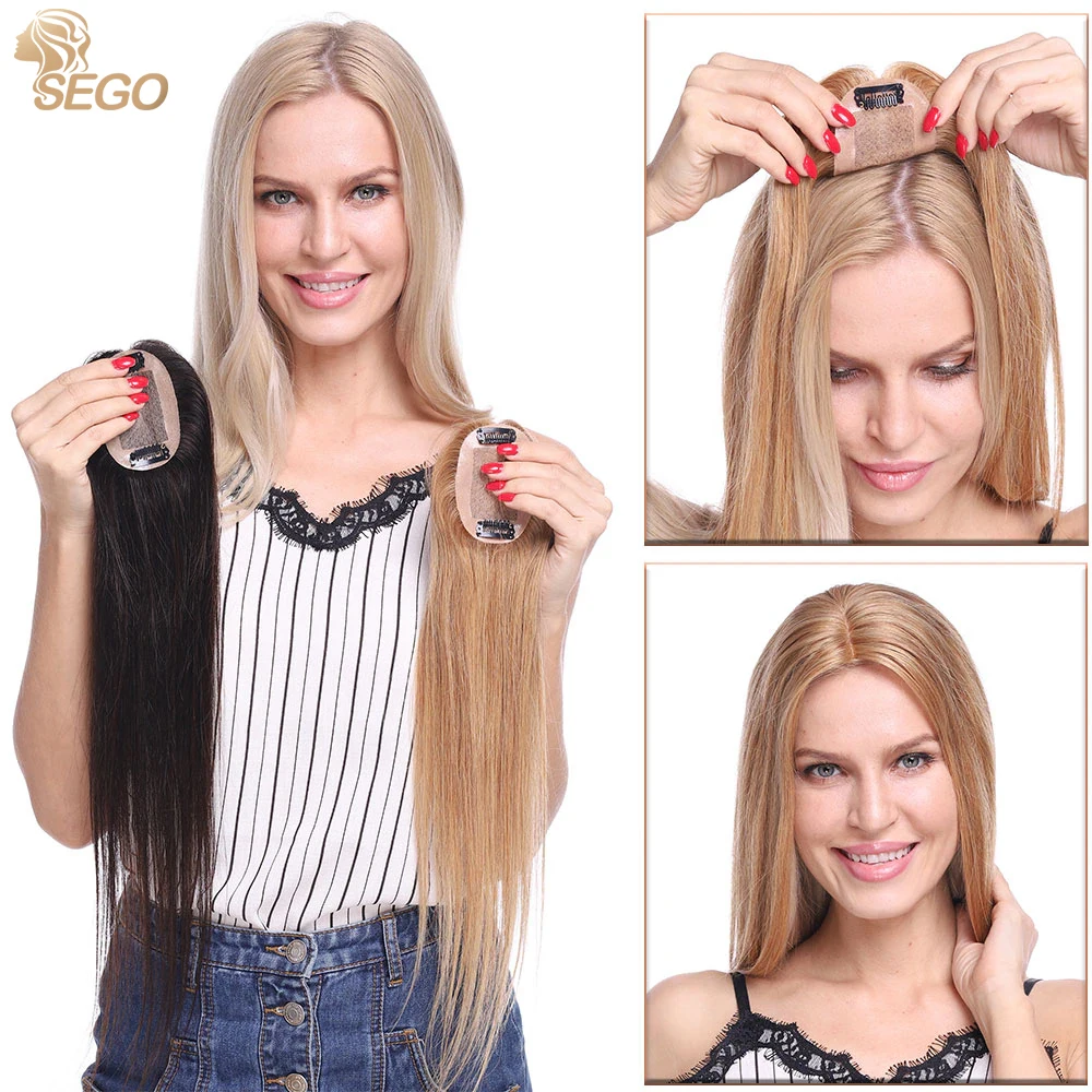 SEGO 6x9 Real Human Hair Toppers for Women Hair Loss Silk Base Clip in Topper 110% Density Top Hair Pieces Light Small Haipieces