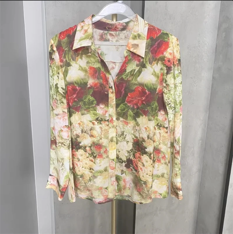 FANIECES S-3XL Vintage Rose Print Women Shirts Elegant Luxury Tops Autumn Long Sleeve Lapel Single-breasted Retro Blouse camisa