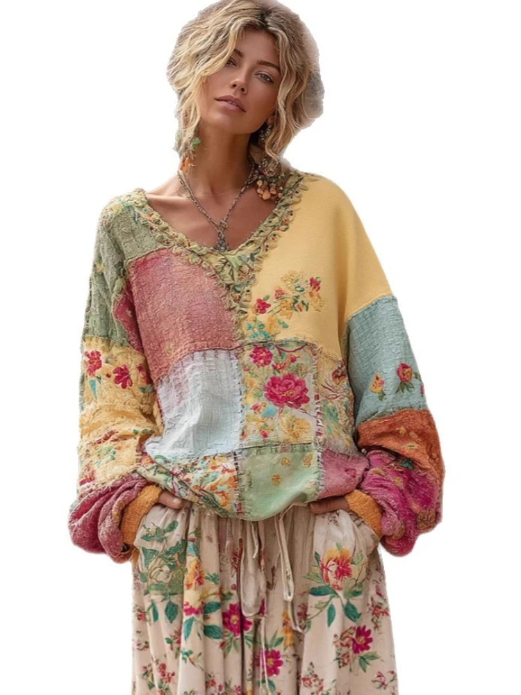 Large Size Women Relaxed V-neck Flower Blouses Retro Bohemian Contrast Plaid Printing Full Sleeve T-shirts Autumn Winter Street