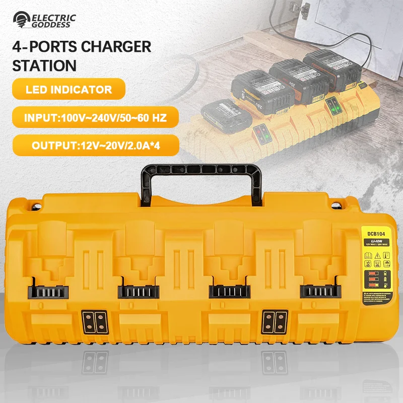 

DCB104 Li-ion Battery Charger 4-Port 3A Current For Dewalt 10.8V 12V 14.4V 18V 20V Battery Pin Flex Volt 20V 60V DCB127 DCB105