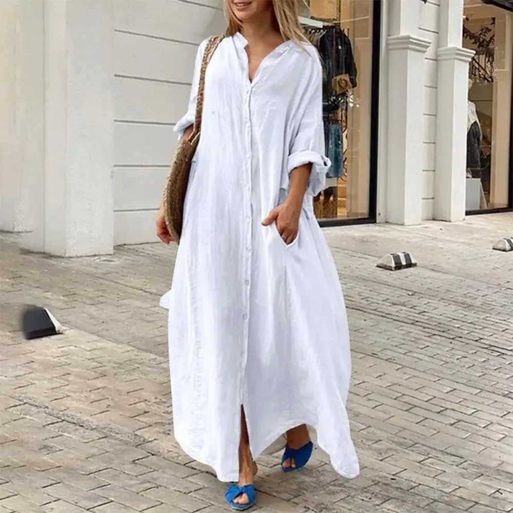 Damska sukienka L-5XL Plus Size Oversized Summer Casual Loose Pocket Flip Collar Long Dress Solid Color Casual Button Loose Oversized