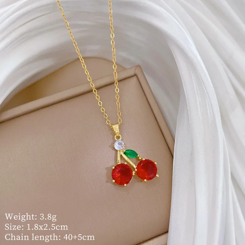 DIEYURO 316L Stainless Steel Red Zircon Fruit Cherry Pendant Necklace For Women New Trend Fashion Collarbone Chain Jewelry Gift