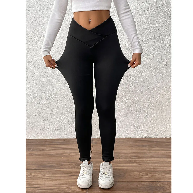 Winter Women Plus Velvet Warm Leggings Seamless Lift Hips Cross High Waist Thermal Leggings 2025 New Black Tight Fleece Pants