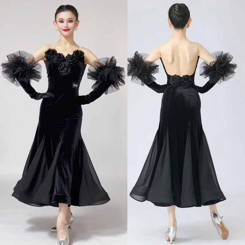 

2026 Ballroom Dance Dress Women Black Competition Dress Adult Waltz Dance Performance Clothes Flower Velvet Long Dress BL14737