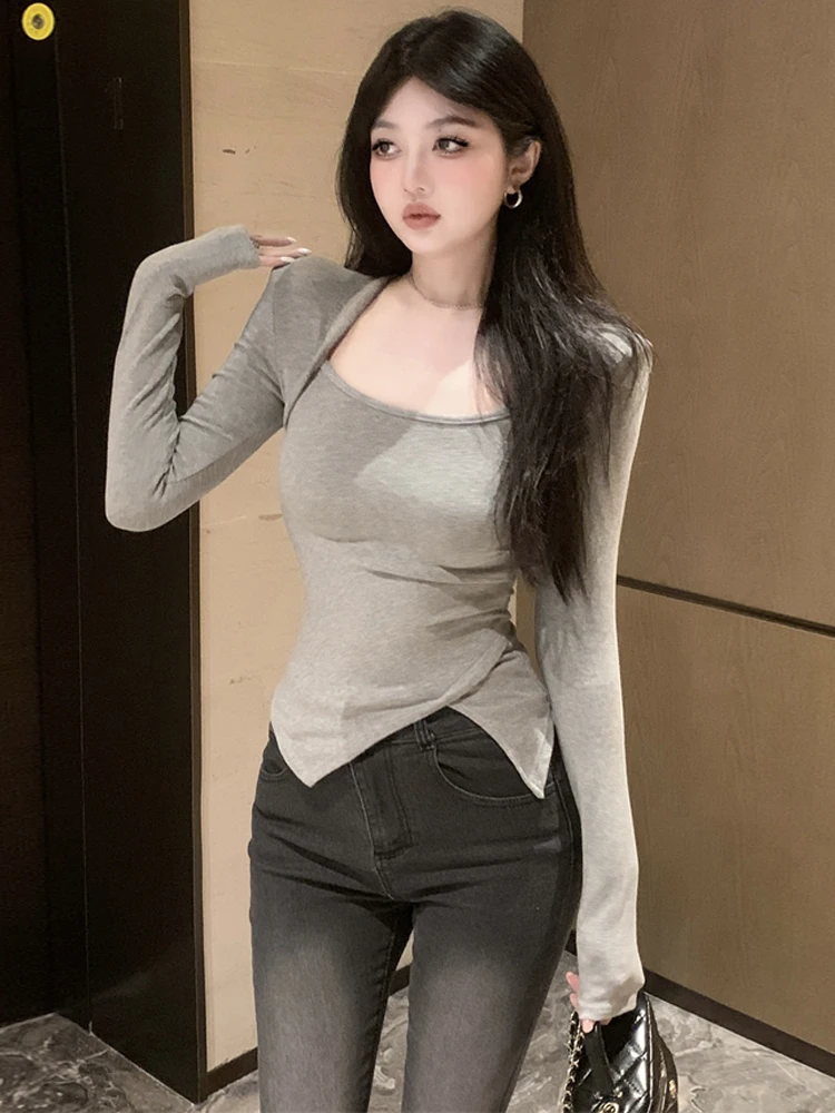 Korean Style Pure Desire Fashion Square Collar Splice Irregular Slim Fit Waist Long Sleeve Base Shirt Sexy Atmosphere Versati...