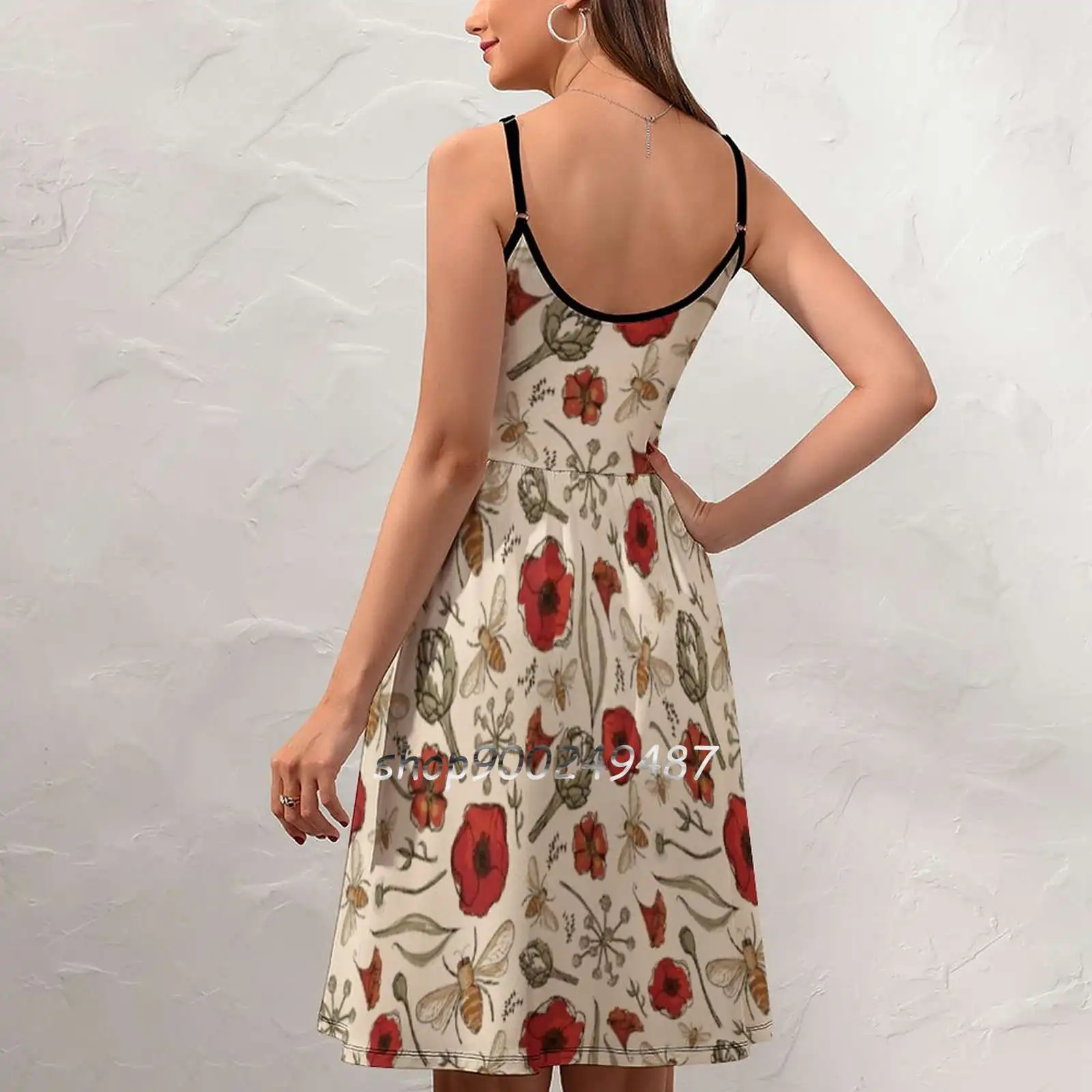 Bees Sling Dress Women Summer Printing Condole Belt Dresses Bee Honey Hive Bumble Bee Poppies Artichoke Organic Natural Nature