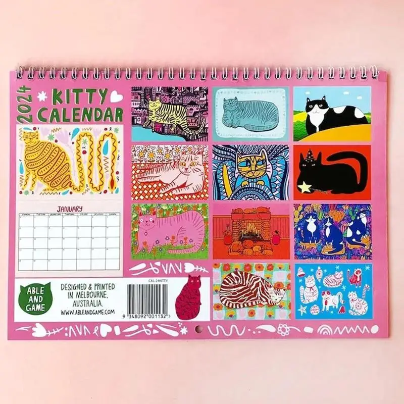 Calendrier mural Kitty pour salon, calendrier chat rose, licence murale chaton, décorations pour la maison, 2024