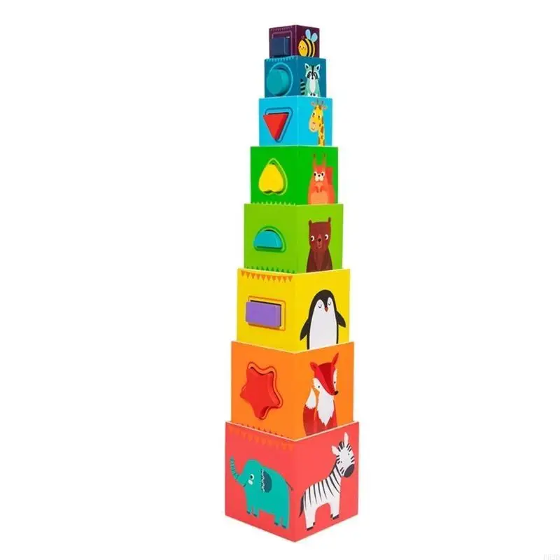 

F62D Wooden Stacker Puzzle Educational Balancing Activities Toy for 3 + Years Stacking Colorful Cubes Gift for Kids