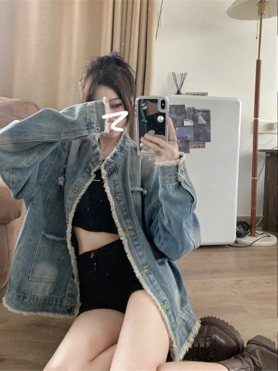 

Denim Coat Jacket Woman Womens Summer Canvas Open-Front Button-Up Beachwear Gentle Pleated Drop-Shoulder Matching Patchwork Chic