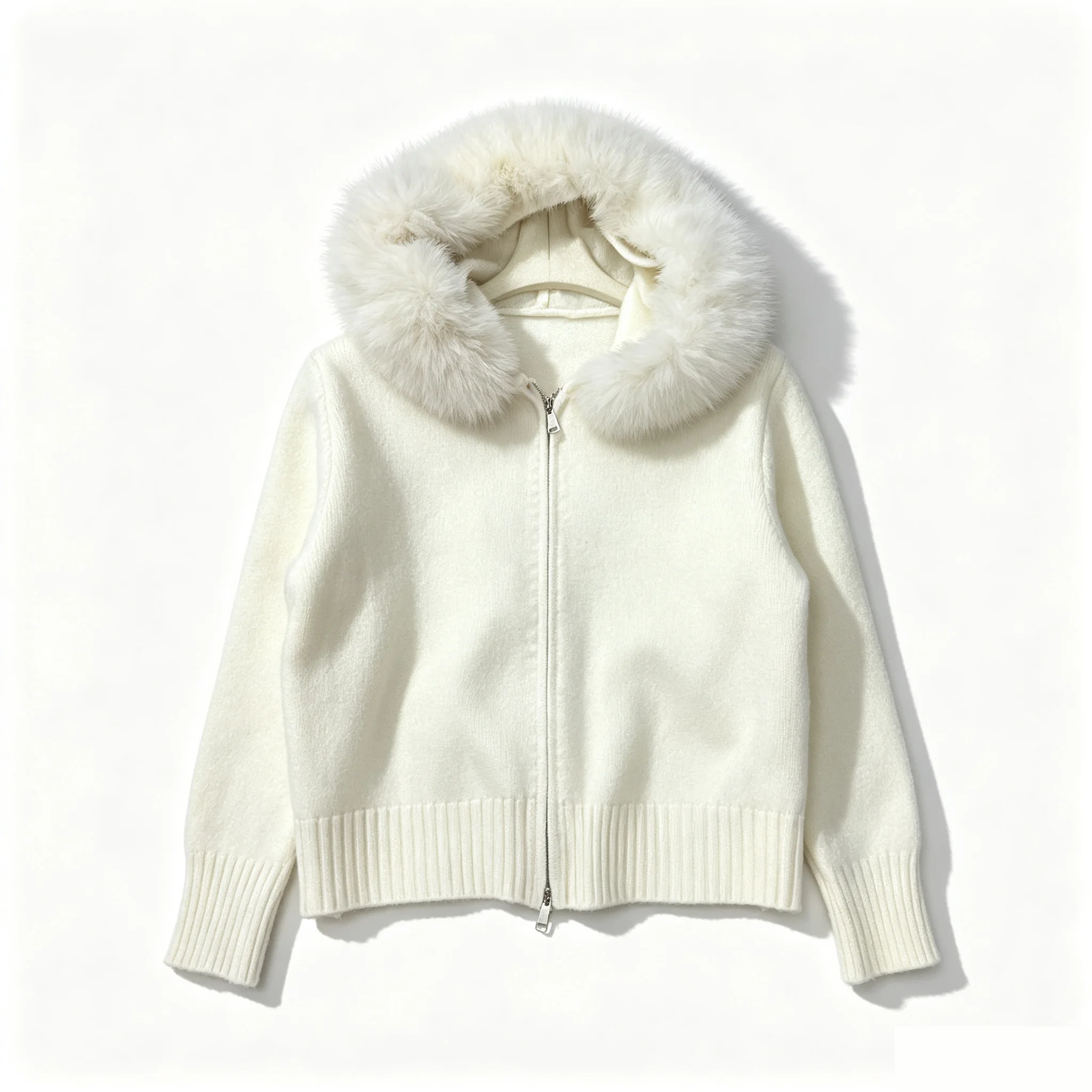 Women Faux Fur Hooded Knit Cardigan Winter Zip Up Short Sweater Jacket Large Furry Collar Long Sleeve Ribbed Hem Outerwear Coat