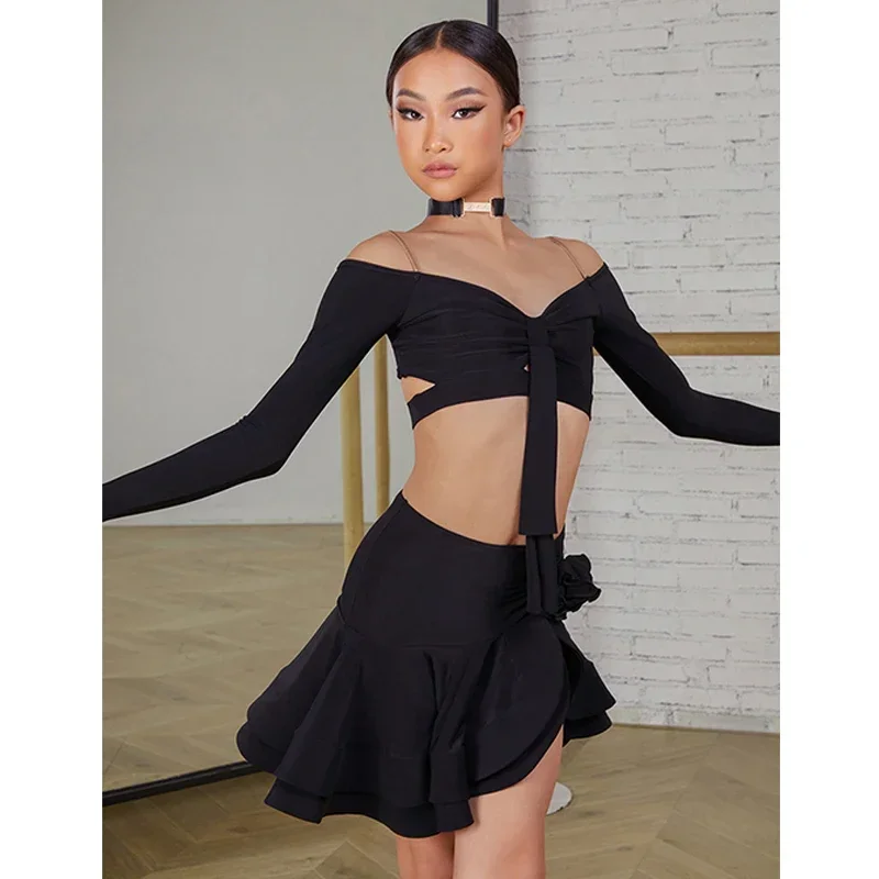 Girls Long SLeeves Latin Dance set Clothes Short Top Skirt Cha cha samba Performance Competition Dress Burgundy Black Dress Kids
