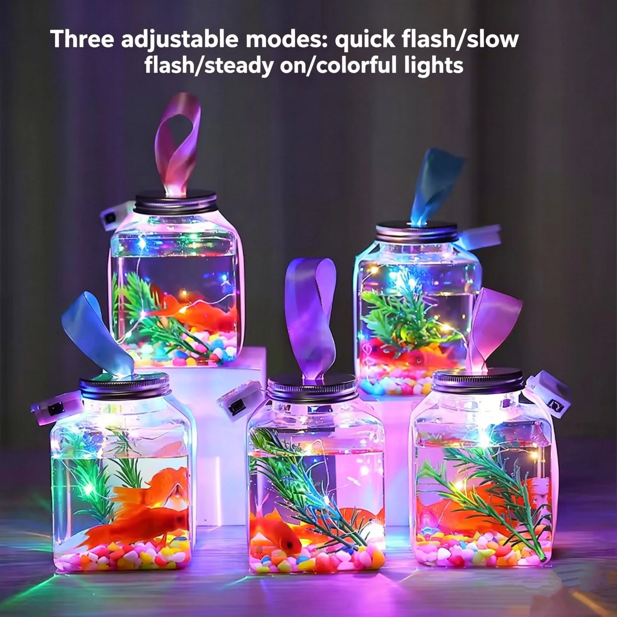 Portable Mini Fish Tank Kit with Colorful Pebbles Artificial Plants and Ribbons Transparent Square Bottle for Home Decor Gift