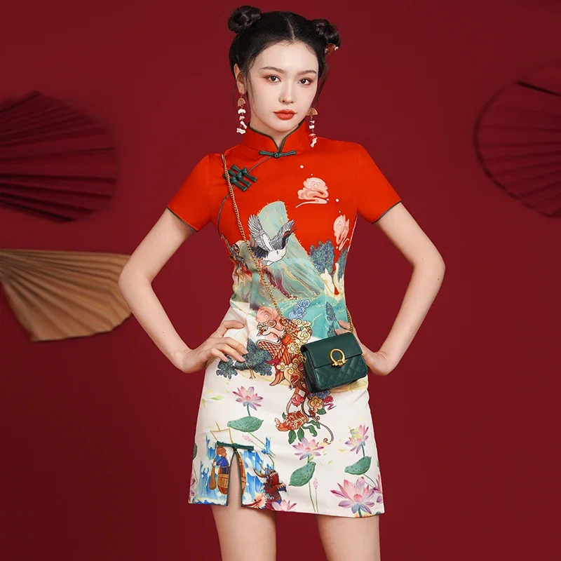 

Modern Oriental Elegant Evening Gown Dresses for Girls Floral Qipao Dress Chinese New Year Clothes Women's Red Cheongsam