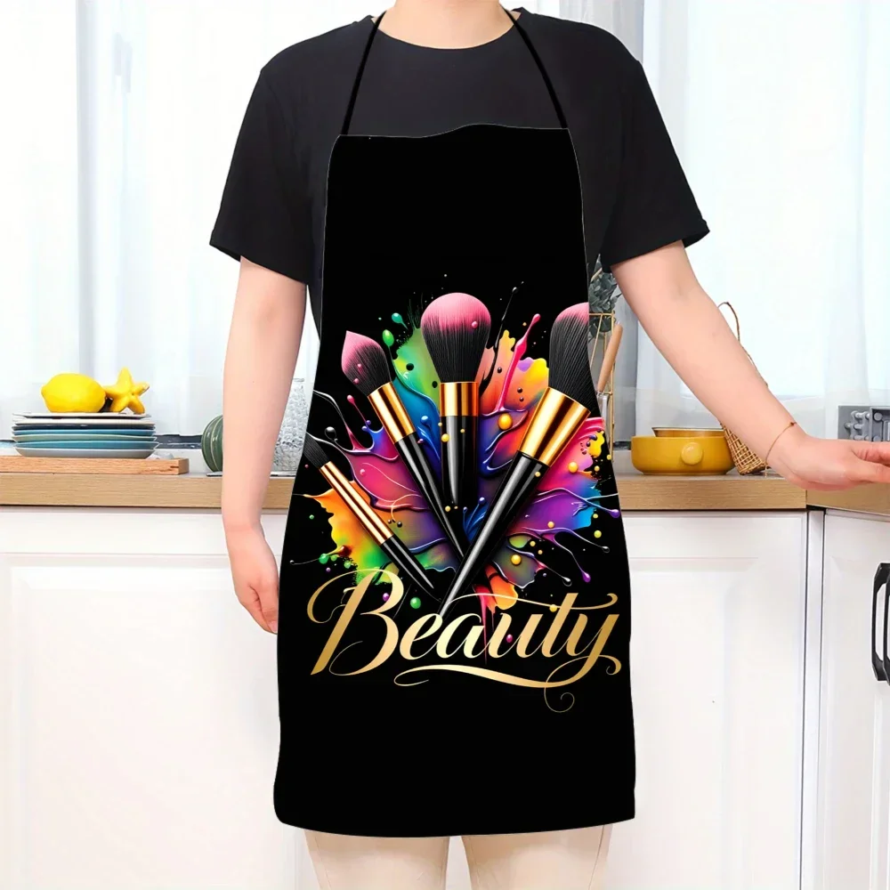 Printed Makeup Brush Design Apron - Professional Beauty Artist & Home Kitchen Apron with Golden Beauty Text, Black Background
