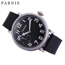 Parnis 46mm Silver Case Hand Winding Luminous Mark Men's Causal Watch Stainless Steel Case Small Second Men Watch Leather Strap