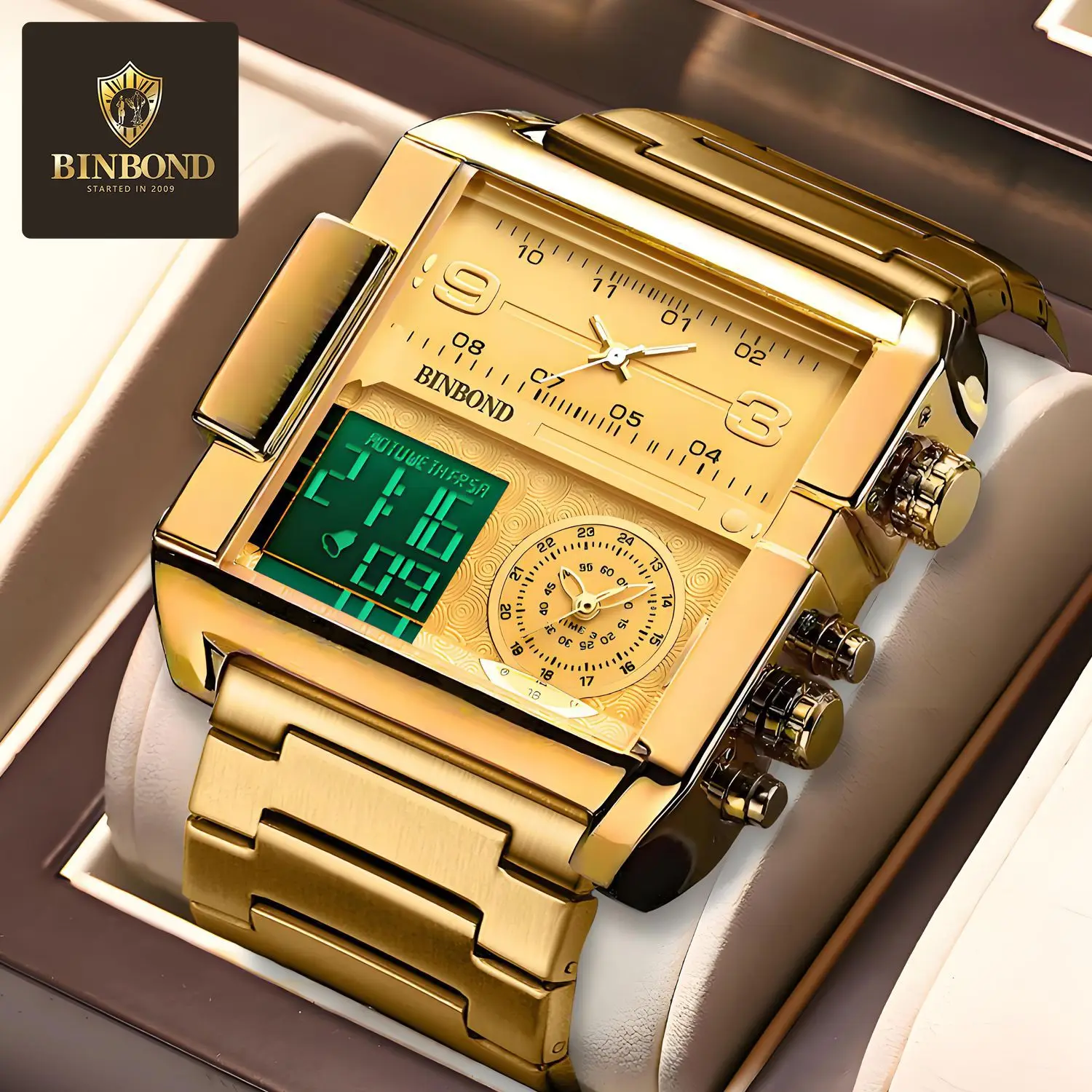 Luxury Men’s Gold Watches Big Dial Multifunction Stainless Steel Waterproof Dual Time Quartz Wristwatch for Men Digital Watches