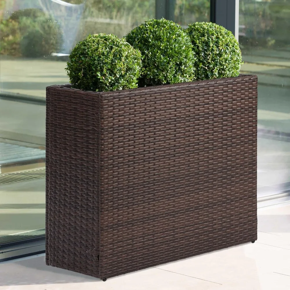 Tall Planters for Outdoor Plants Handmade Wicker Large Rectangular Block Planter Box with Removable Liners Modern Planter Brown