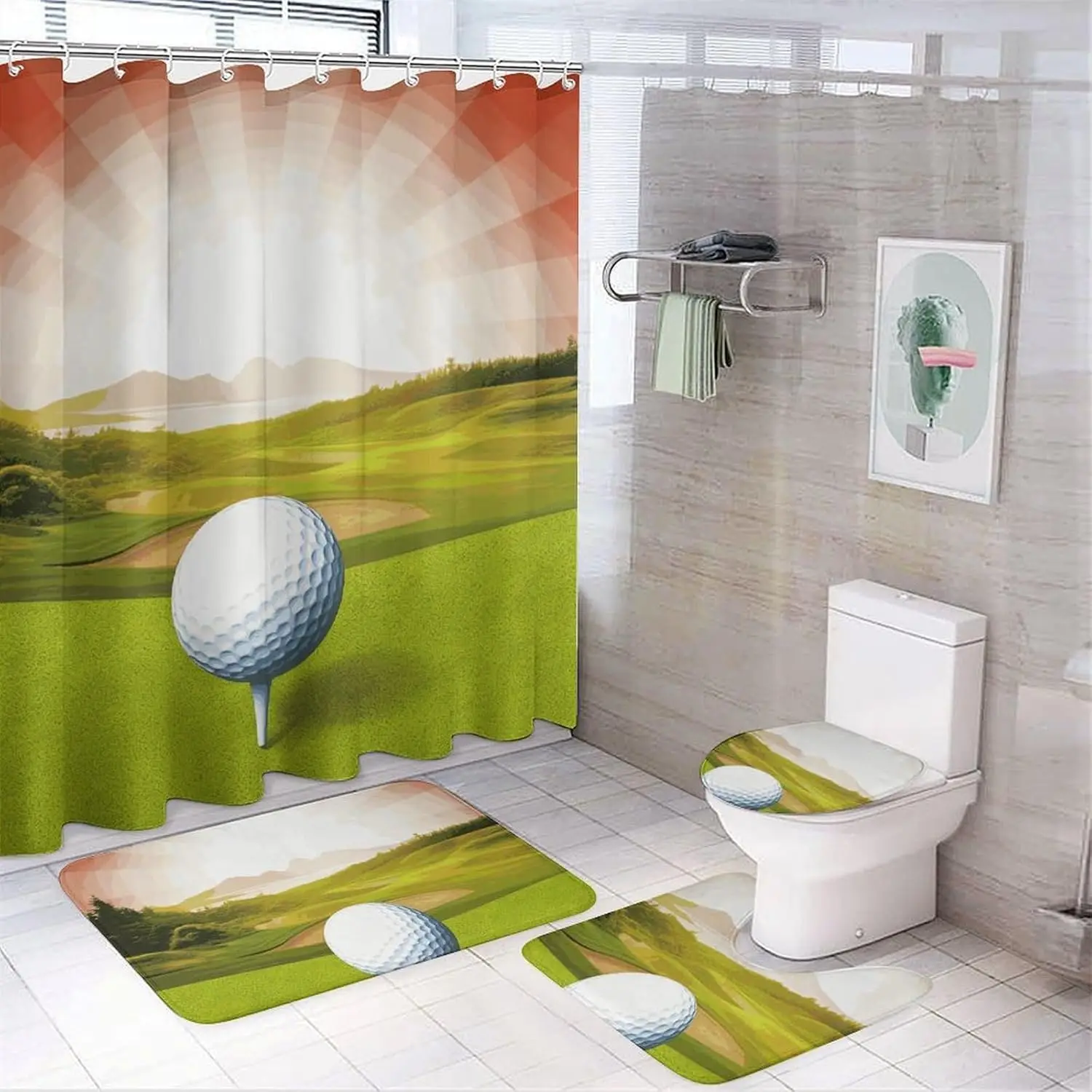 

Golf Sport Shower Curtains Set 4 Piece with Non-Slip Rugs, Toilet Lid Cover and Bath Mat Soft Bathroom Carpet Waterproof Bathroo