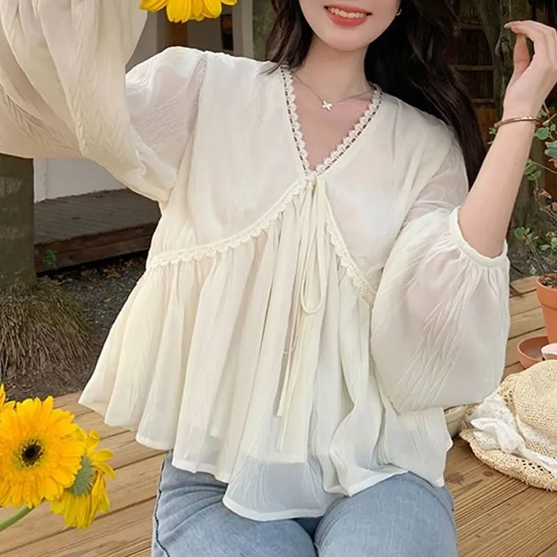 Korean Sweet V-Neck Lace Patchwork Shirt Solid Color Loose Women\'s Clothing Fashion Drawstring Spring Autumn Elegant Blouse New