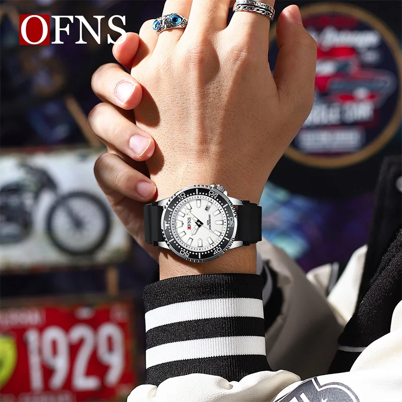 OFNS-reloj de cuarzo para hombre, cronógrafo luminoso de goma, resistente al agua, para deportes al aire libre, creativo, a la moda, nuevo, 8032