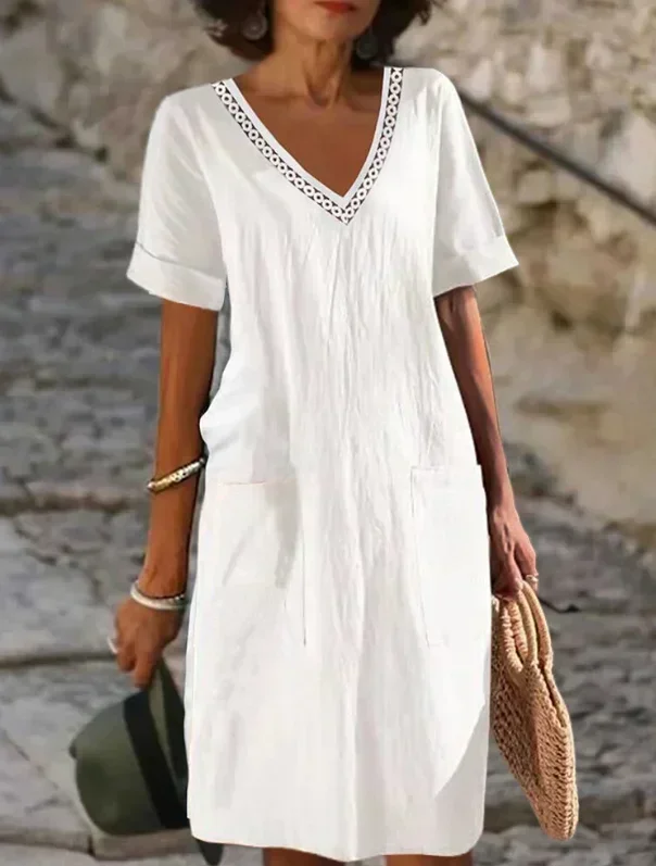 

Spring Cotton Linen Women's Dress White Solid V-neck Elegant Dresses Female Soft Casual Loose Summer Clothes Ladies