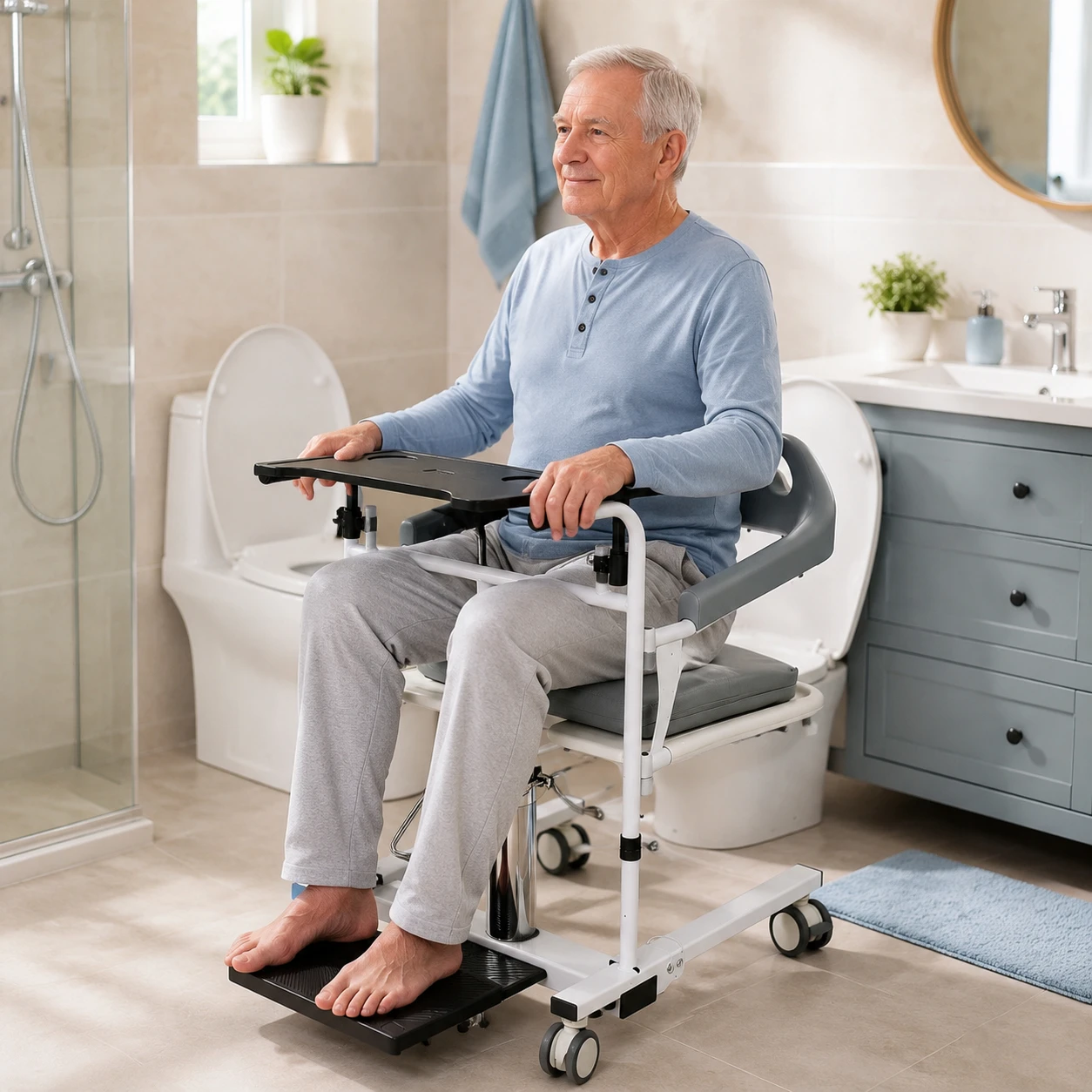 Hydraulic 180 Degree Split Seat Mobile Transfer Lift Chair, Waterproof Shower Commode Wheelchair for Elderly Home Care