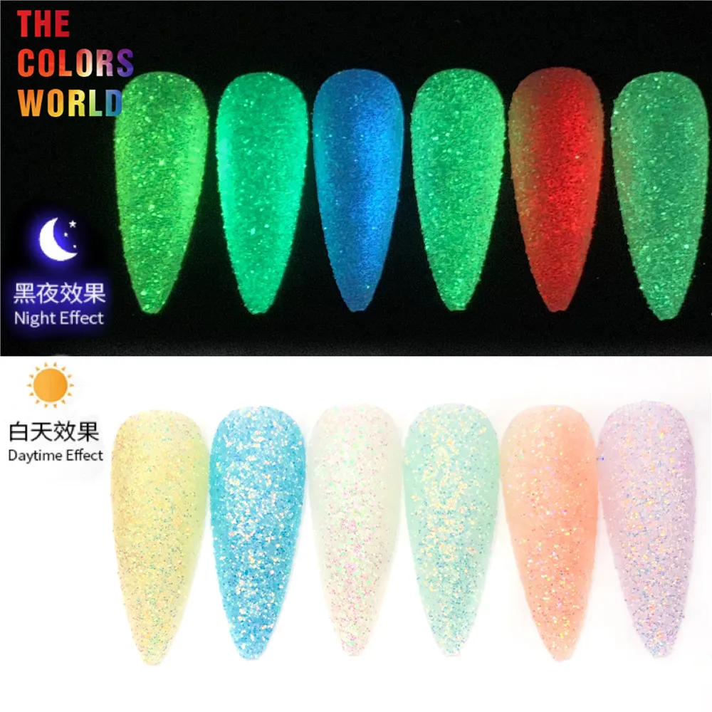 TCT-845ส่องสว่างเรืองแสงในที่มืดสีรุ้งประกายวิบวับกลางคืนประกายระยิบระยับศิลปะเล็บสีเข้มประกายแวววาวผสมผงละเอียดพิเศษ