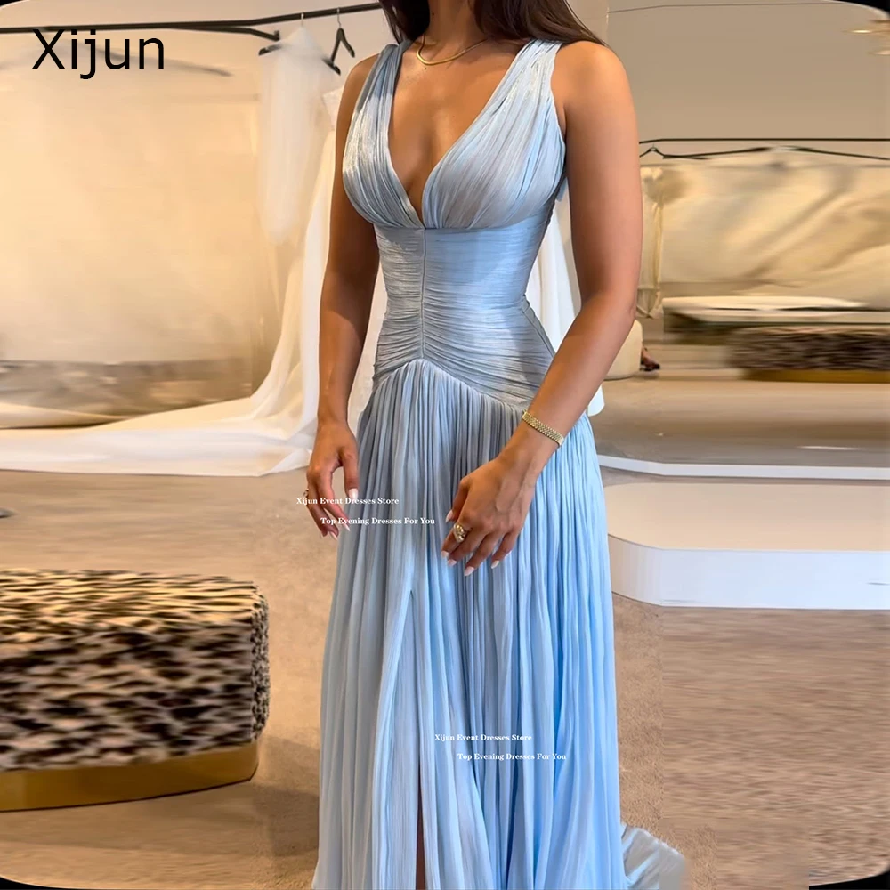 Xijun Abiti da sera lunghi in raso di seta blu sexy con scollo a V senza maniche Abiti da ballo Arabia Saudita Abiti da ballo per occasioni formali Personalizza