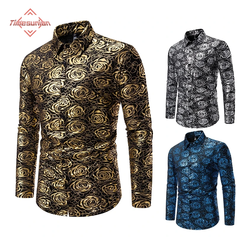 Men's Long Sleeve Shirts Rose Gilded Silky Dress Shirts Casual Tuxedo Social Shirt Luxury Designer Nightclub Men Clothing