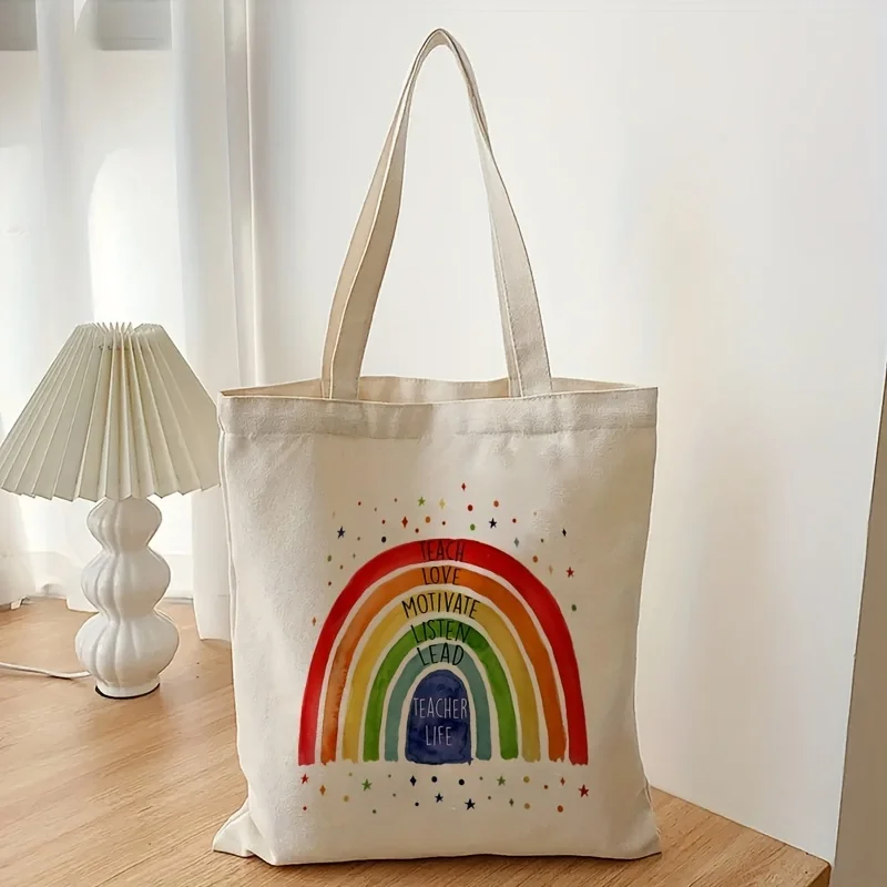 Trendy Cartoon Rainbow Pattern Shoulder Bag, Lightweight Shopper Bag, All-Match Bag For Teacher's Day