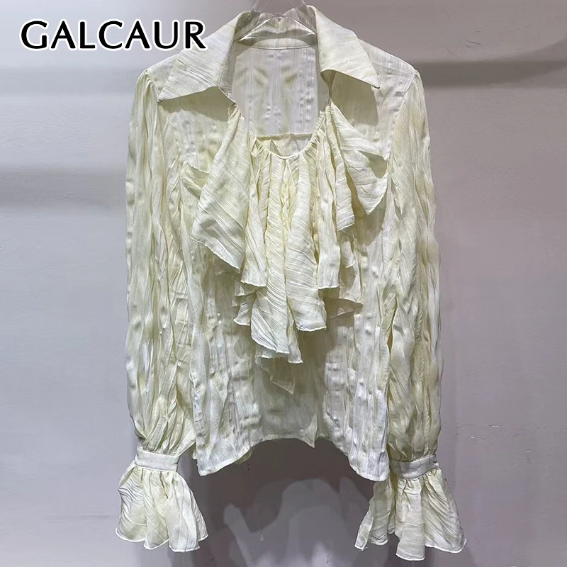 

GALCAUR Solid Loose Casual Blouses for Women Lapel Long Sleeves Patchwork Fungus Folds Elegant Blouse Female Fashion Style New