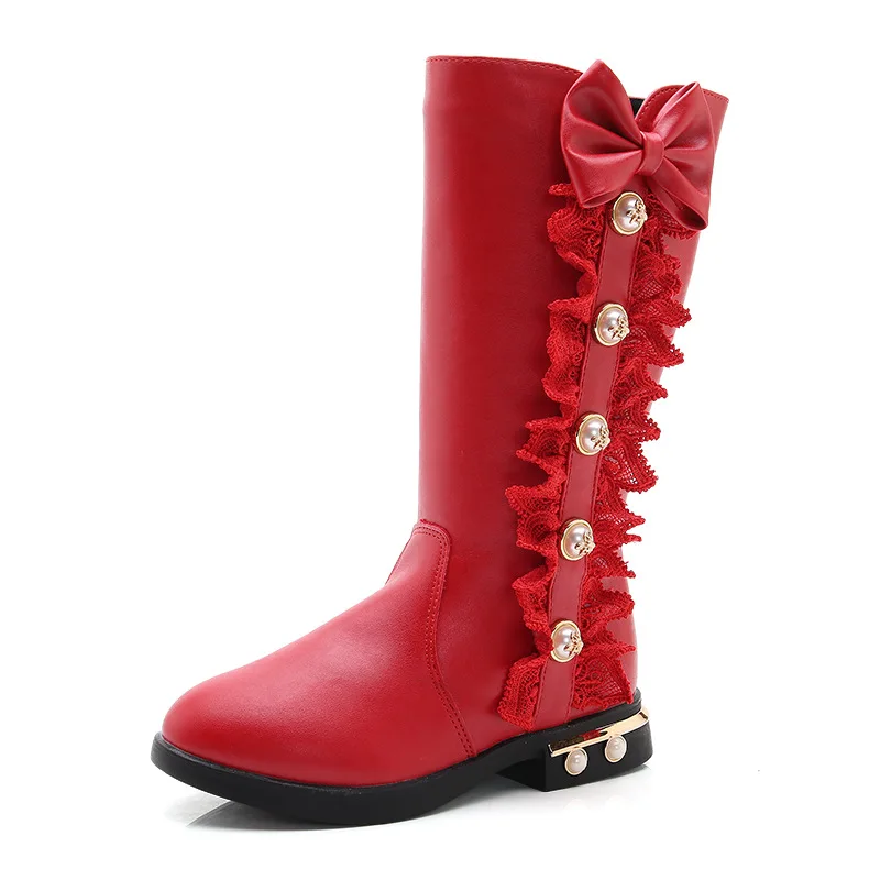 Girls Children Princess Shoes Pearl Lace Trimmed Sweet Boots Pure Color High Top Long Boots Low Heeled Studded Fashion Shoes