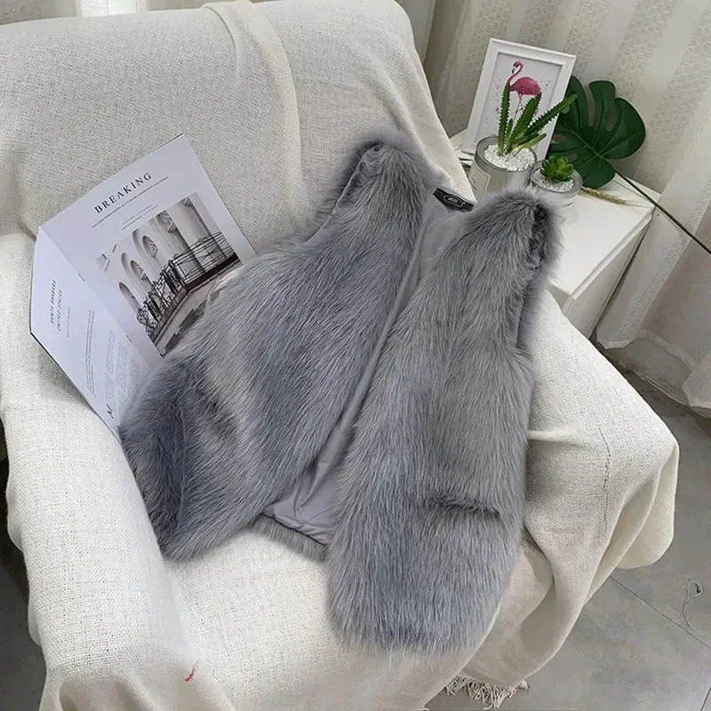 Chaleco de visón sintético para mujer, cárdigan elegante peludo cálido a la moda para otoño e invierno, chaqueta holgada sin mangas de piel sintética para oficina para mujer