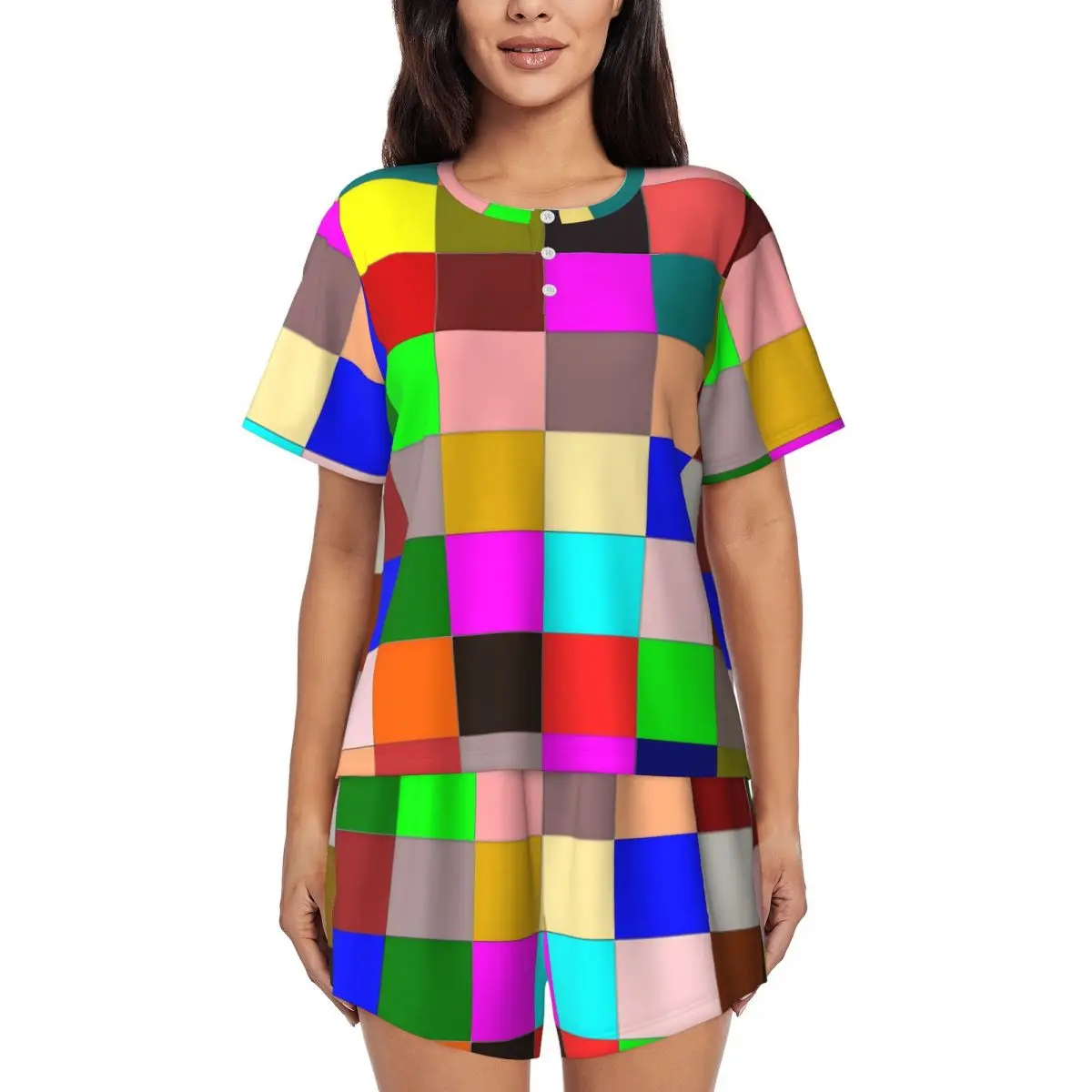 

Rainbow Color Block Pajamas Short Sleeves Checkerboard 2 Pieces Casual Pajamas Set Summer Woman O Neck Vintage Sleepwear