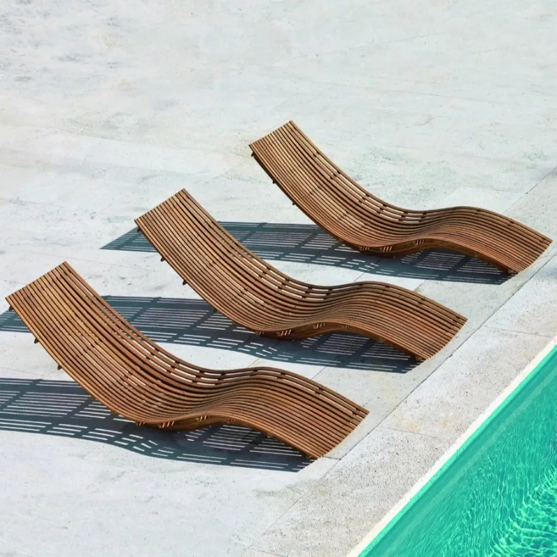 Waterproof Anti-Corrosion Rattan Sun Lounger Outdoor Solid Wood Beach Chair for Swimming Pool Leisure Villa Lying Bed