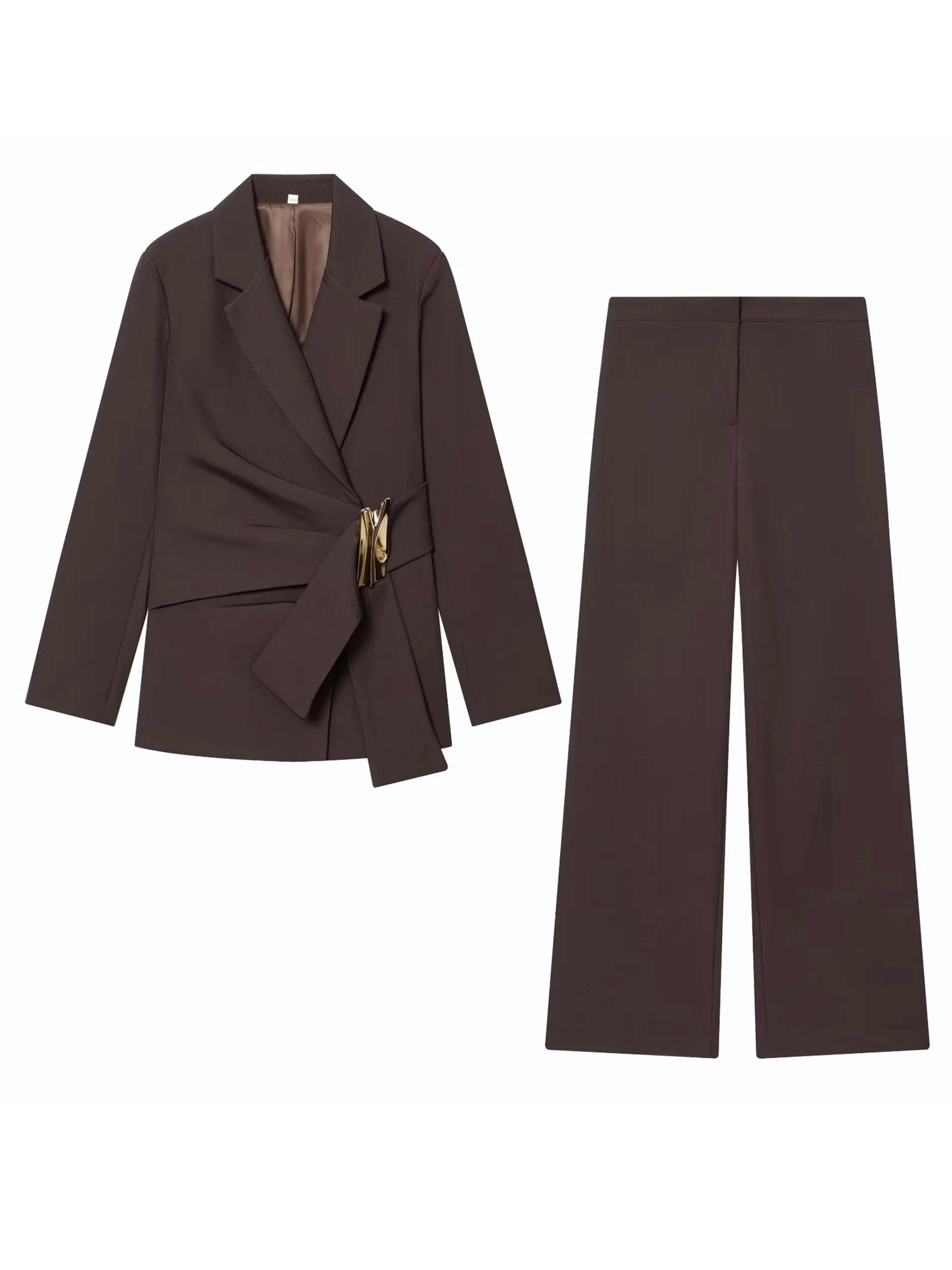 النساء دعوى السراويل قطعتين مجموعة مشبك الديكور طويلة الأكمام السترة معطف مستقيم الساق السراويل 2 قطعة مجموعات شيك امرأة وتتسابق #4