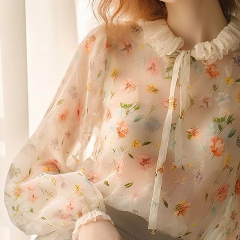 blouse women Chiffon women\'s summer 2024 new sweet short lace printed floral shirt lantern sleeve top