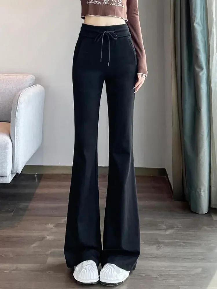 

Women's Black Long Pants Slim Bell-bottoms High Waist Autumer Winter Korean Fashion Y2k Gray Casual Drawstring Bandage Trousers