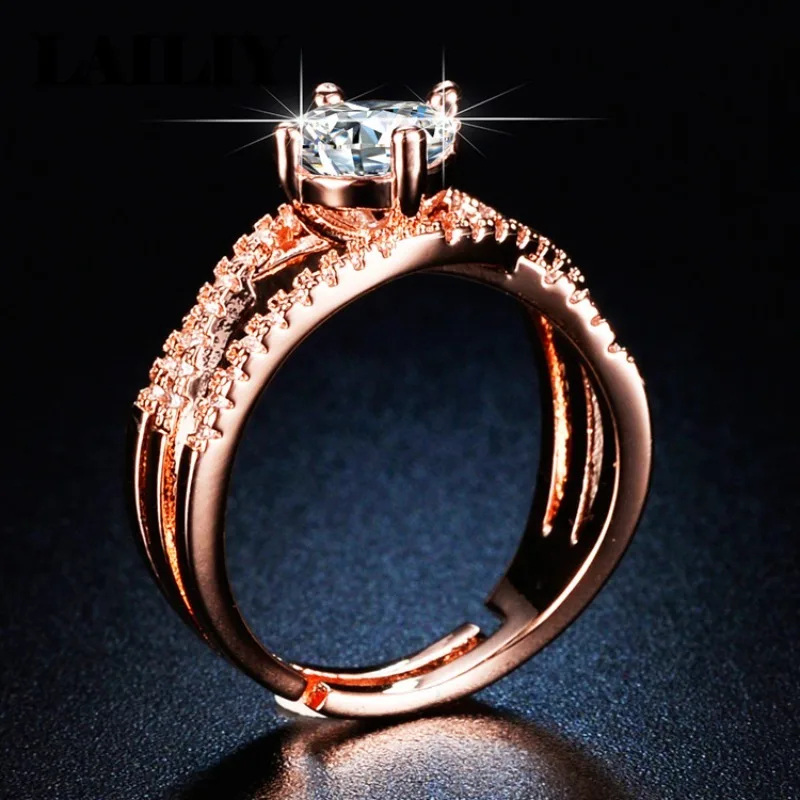 LAILIY 925 Sterling Silver Rose Gold Birthday Gift Wedding Party Diamond Studded 1Ct Adjustable Ring for Women Fashion Jewelry - view 6
