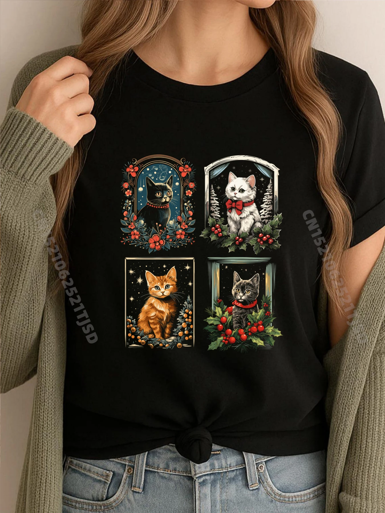 

Рождественские кошки осень-зима футболка с рисунком кота Новый год День матери
