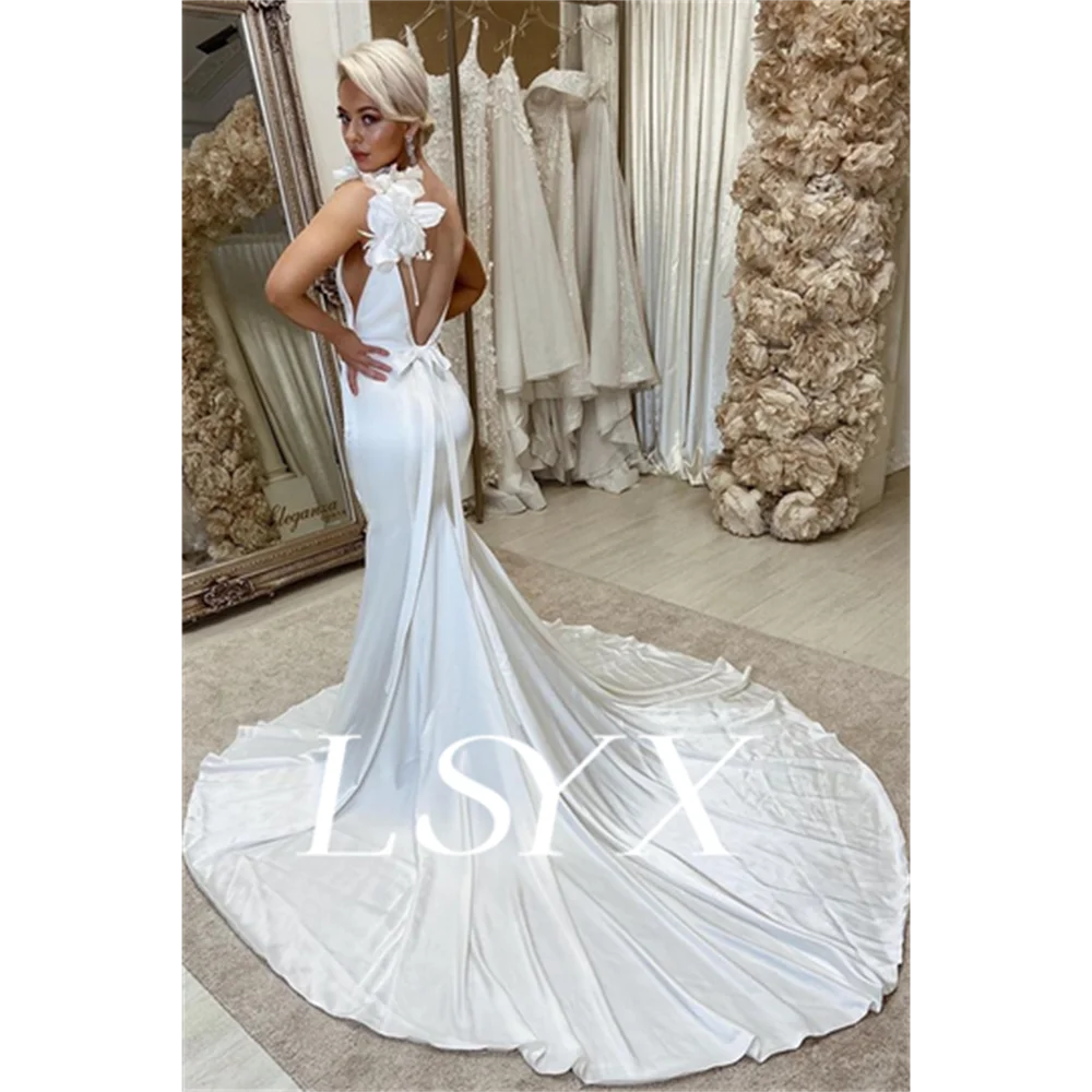 LSYX Customized 3D Flowers Deep V-Neck Sleeveless Crepe Mermaid Wedding Dress Open Back Court Train Bridal Gown