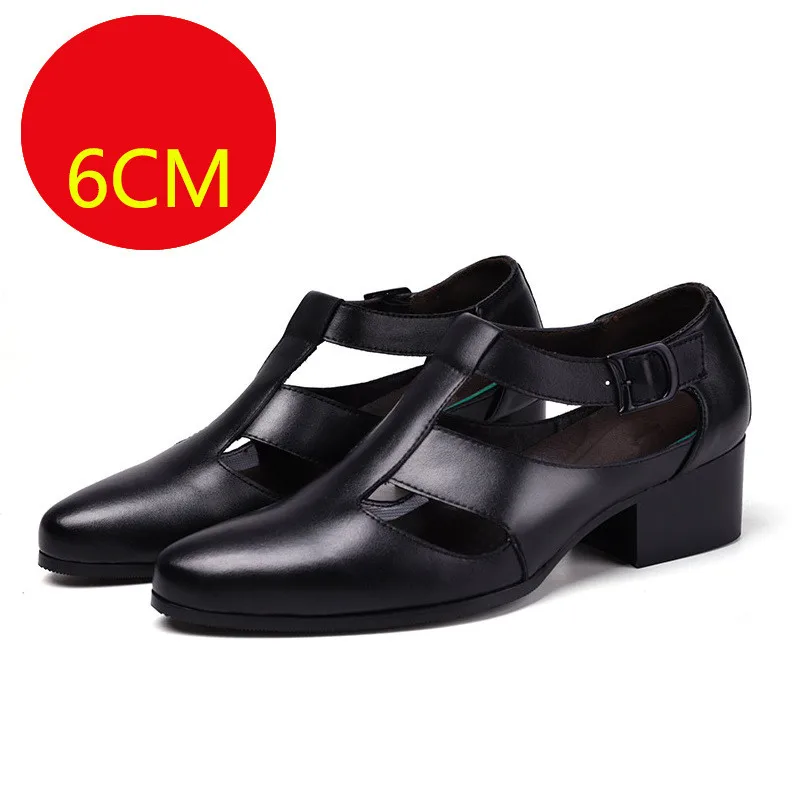 6-8 cm Height Increasing Platform Cow Leather Summer Men Breathable Dress Shoes Hollow Out Mens Office Sandals Black Size 38-44