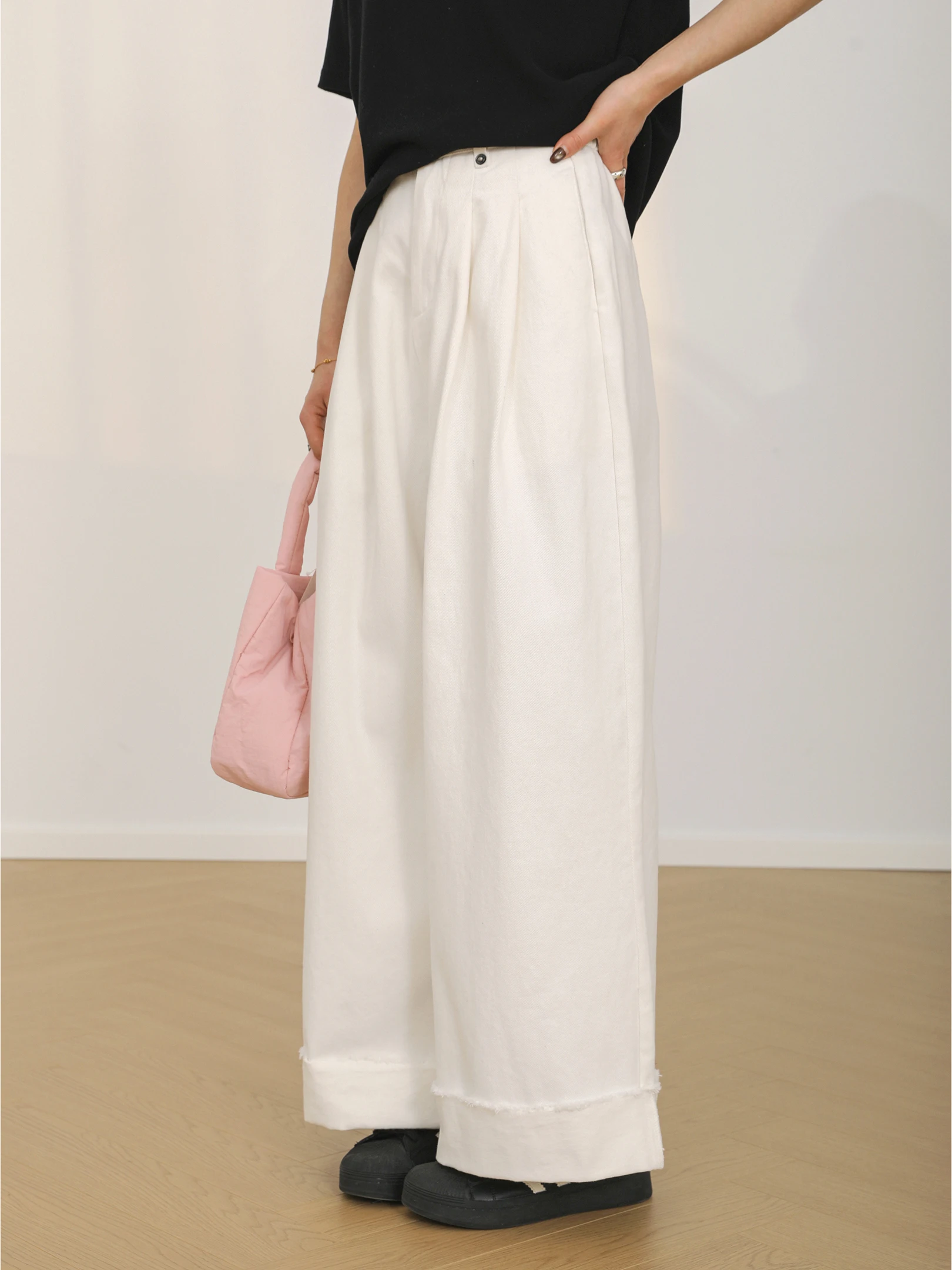 

Spring 2026 New Pure Cotton Japanese Style Half Elastic Waist Tassel Wide Leg Jeans Roll up Loose Fit High Waist Denim