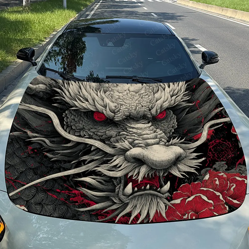 Red Eyed Grey Dragon Car Hood Sticker, Automotive Exterior Customization, Durable PVC Vinyl Wrap For Car Engine Cover